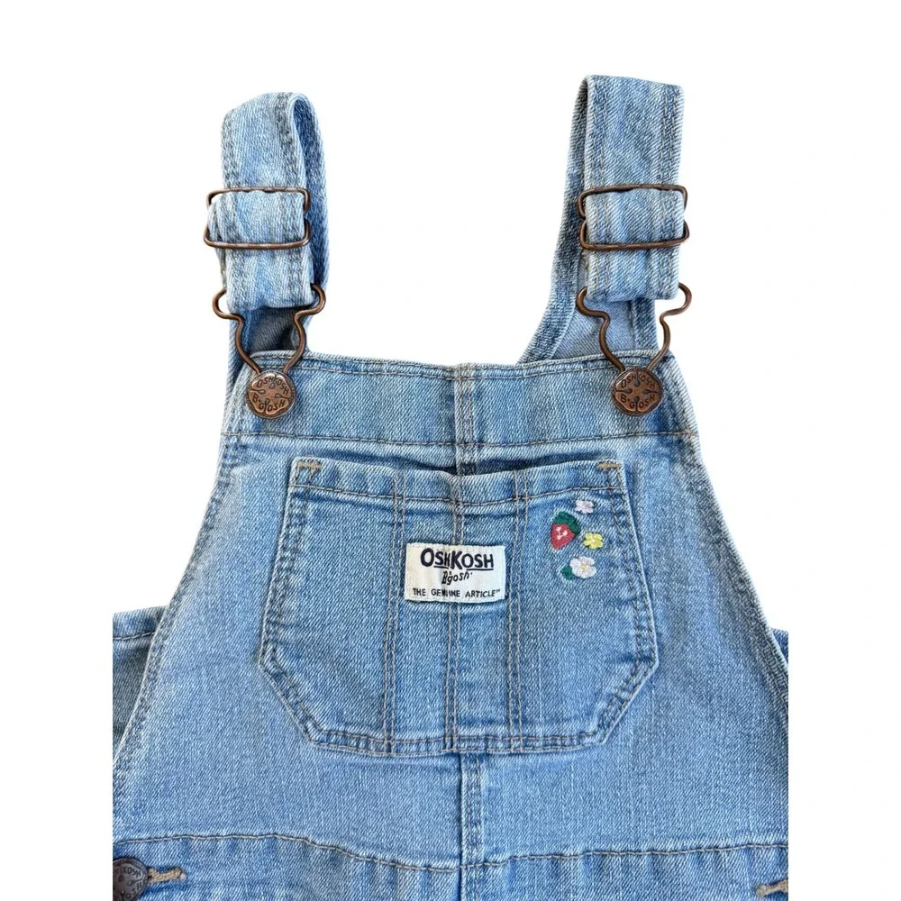 Y2K OshKosh Girls Denim Overalls Embroidered Floral Strawberry